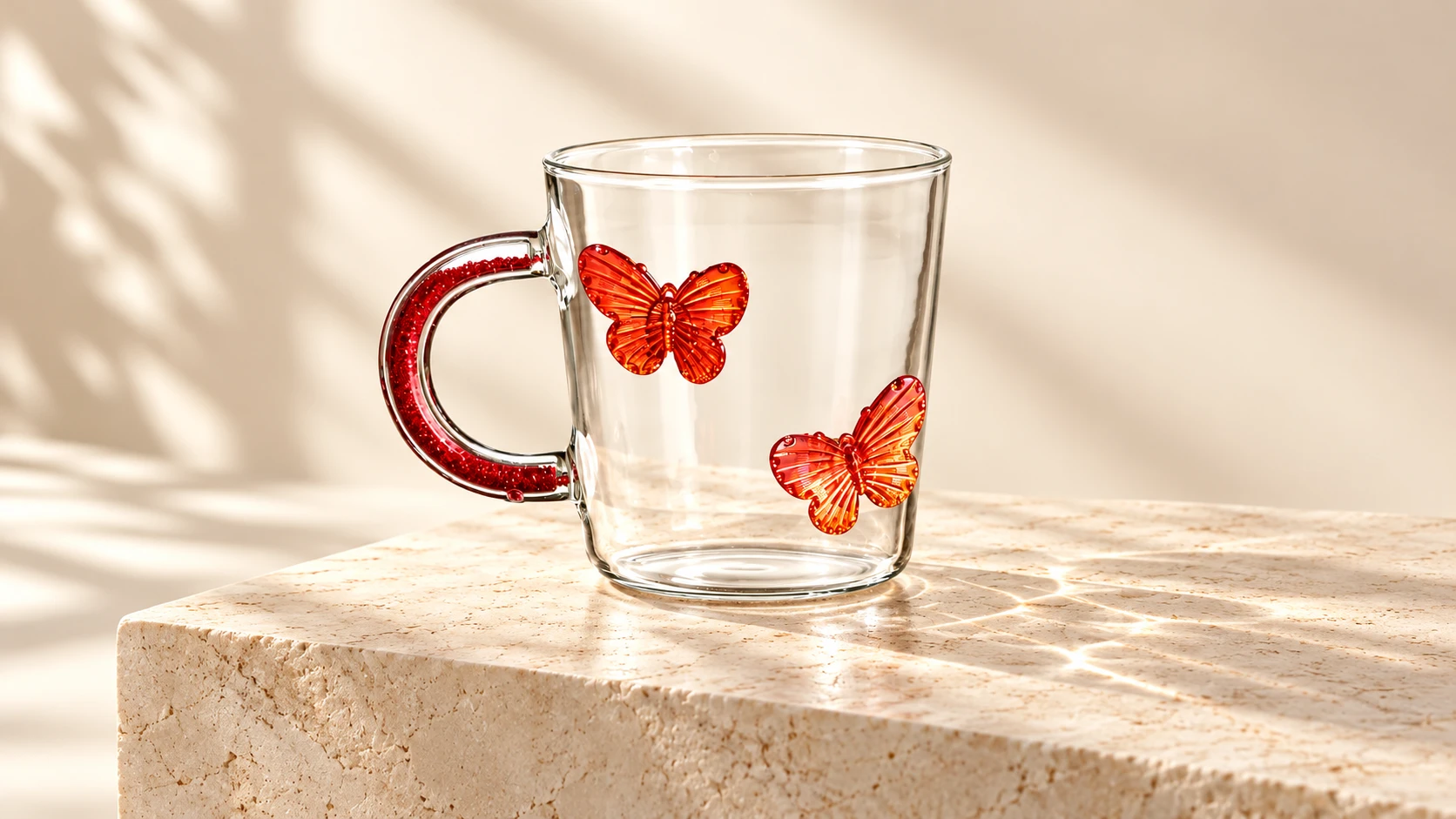 Red butterfly glass mug with a matching sparkling handle, styled in warm natural light.