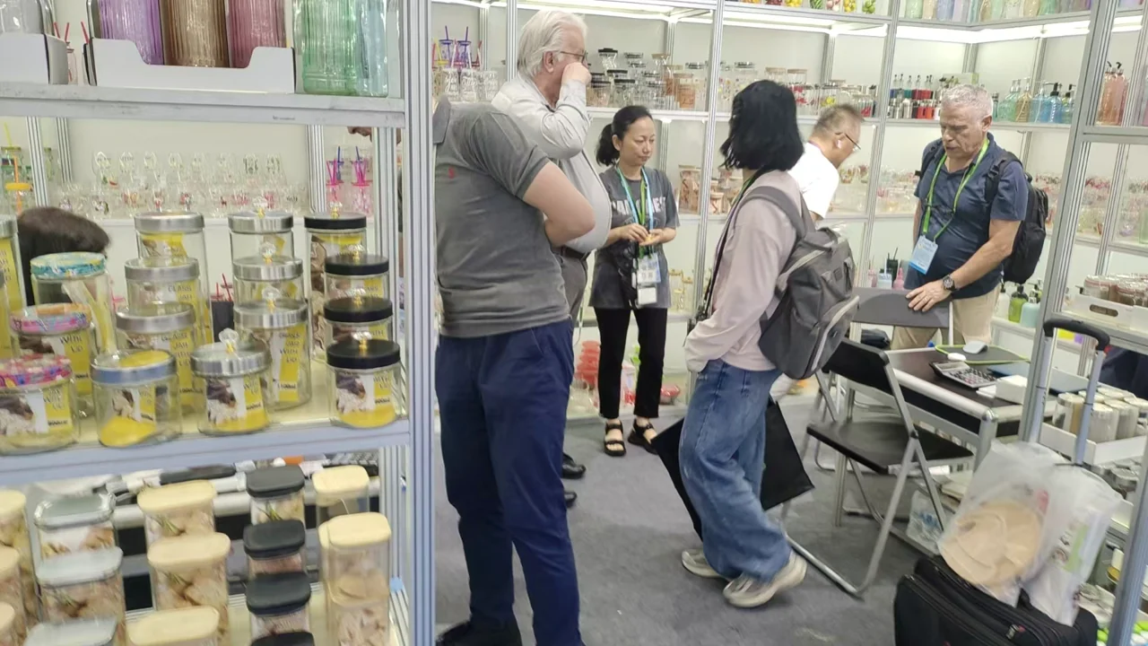 Glassware collections on display during a booth visit